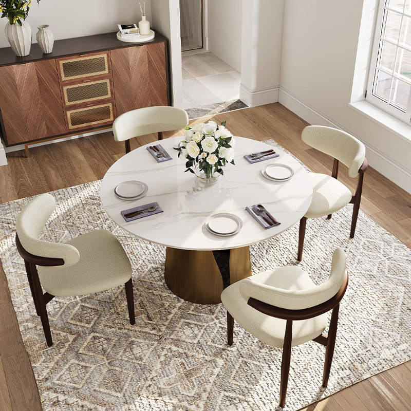 51" Vera Modern Round Dining Table, Sintered Stone Tabletop With Carbon Steel Pedestal Base for Kitchen, Glossy White, Bronze
