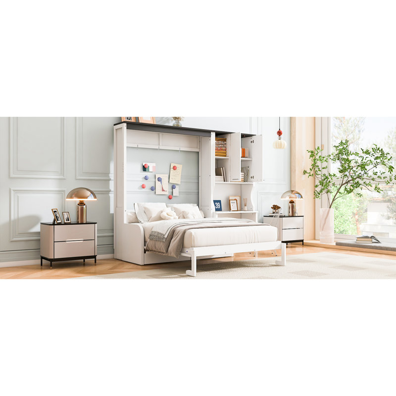 Lit escamotable multifonctionnel peu encombrant avec canapé, bureau et rangement - blanc, double, bois massif et panneau de fibres à densité moyenne