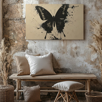 Toile, art mural, illustration monochrome d'un papillon avec de grandes ailes déployées dans une toile de qualité supérieure prête à être accrochée