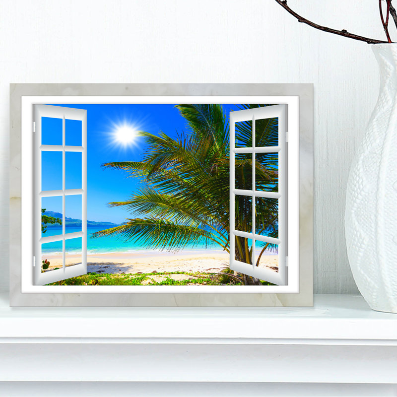 « Window Open to Beach with Palm » - impression d'art mural avec plage, impression sur toile avec plage et palmier