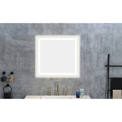 Miroir de salle de bain à DEL de 30 po x 28 po avec cadre en aluminium, avant et rétroéclairé, brouillard, mémoire, 3 températures de couleur, gradation continue, or brossé, image claire dans de larges couleurs murales profondes, gradation,
