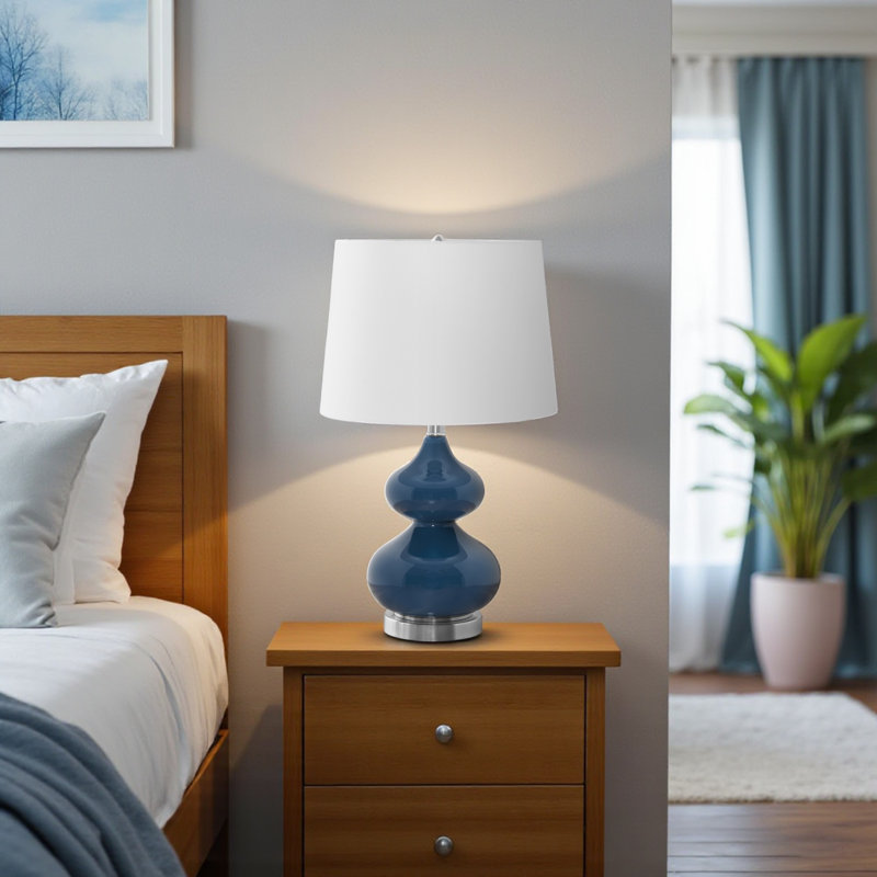 24" H Contemporary Lighting | Blue Glass & Ivory Cream Fabric Shade, Blue