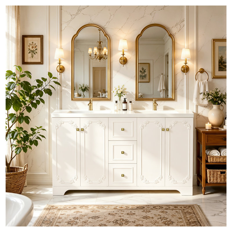 Meuble-lavabo blanc 60 po avec portes à fermeture douce et tiroirs 60 po