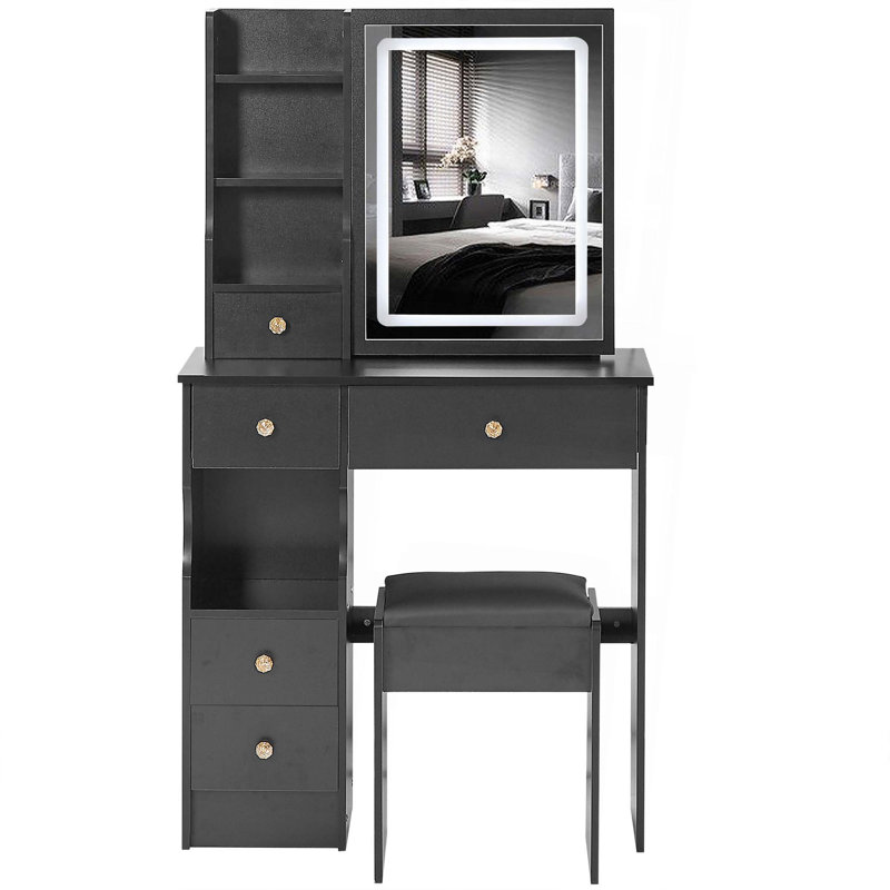29.2" Small Size Left Drawer Desktop Vanity Table + Cushioned Stool,2 AC+2 USB Power Station,Hair Dryer Bracket,Extra Large Touch Control Sliding LED Mirror,Tri-Color Switching,Brightness Adjust