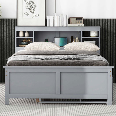 Lit plateforme double avec rangement pour tête de lit, lit gigogne simple et 3 tiroirs gris
