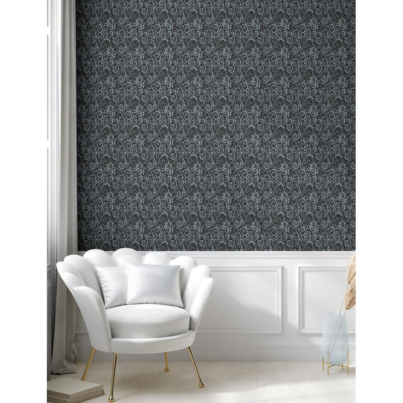 Bay Isle Home™ Abstract Floral Peel & Stick Wallpaper for Home, Charcoal Grey Pale Blue, 100" L x 13" W