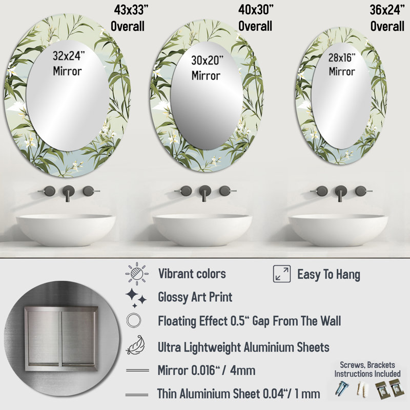 Tropical Zen Bamboo Pattern - Green Oval Wall Mirror Decor, 36" H x 24" W
