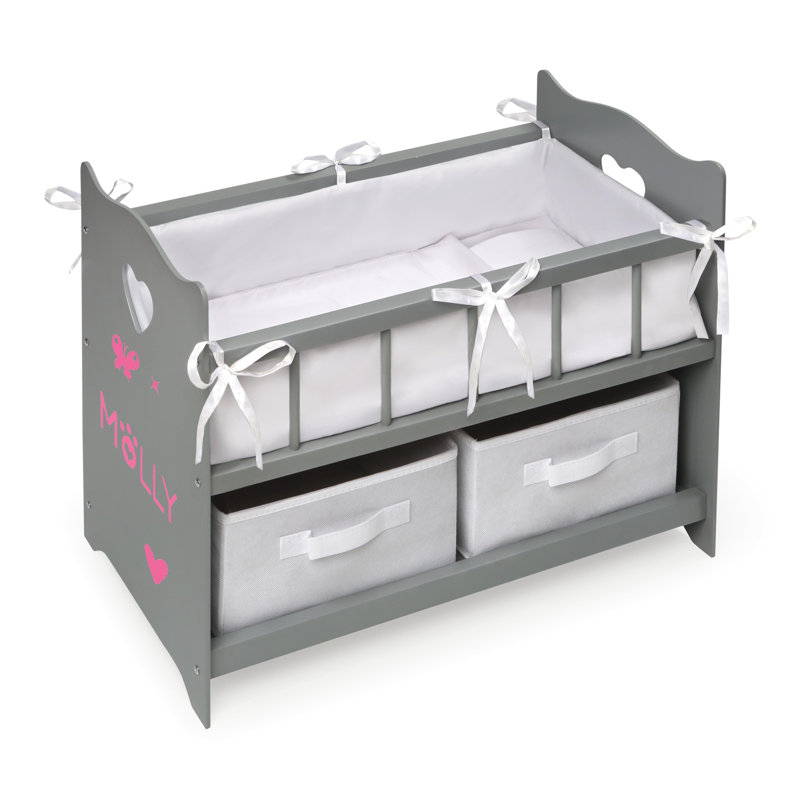 Executive Gray and White Wooden Doll Crib with Storage Baskets