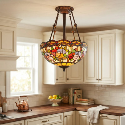 Luminaire plafonnier semi-encastré à 3 lumières de style libellule Tiffany, fleur de lotus pastorale