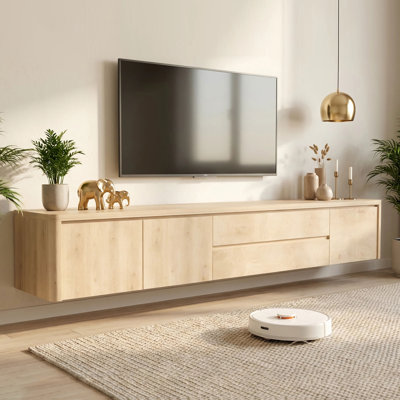 Floating Tv Unit Wall Mounted With Door Tv Cabinet Stand Completely Assembled Living Room Tv Media Console (natural Wood, 180cm)