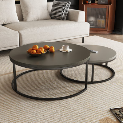 Nesting Coffee Tables Set of 2, Round Walnut & Black Metal Frame, Modern End Tables for Small Spaces, Living Room, Apartment (80 & 60cm)