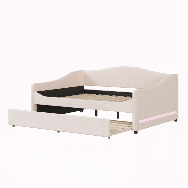 Full Size Upholstered Daybed with Light and Trundle, Beige