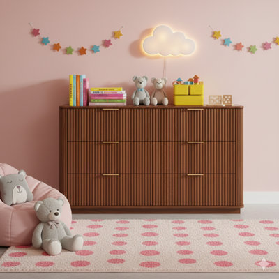 Six-Drawer Dresser, 55-Inch Wide Contemporary Chest With Curved Wave Front, TV Stand Dresser, Wooden Drawer Storage Unit For Bedroom, Living Room, Hallway In Walnut Finish, Dimensions: 55.12" W X 15.75" D X 31.5" H.
