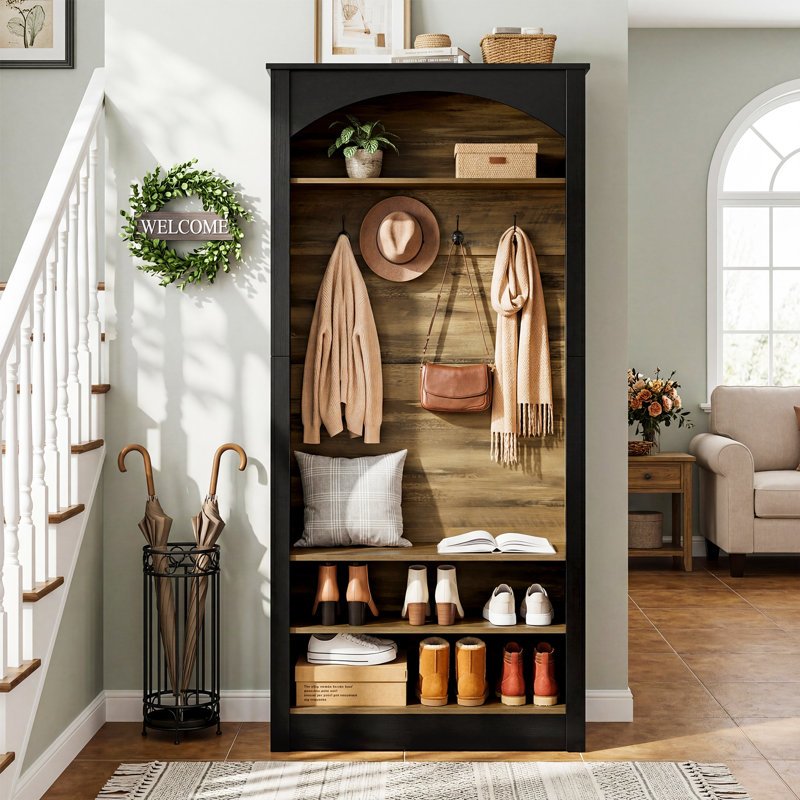 Arbre d'entrée de 31,5 po de large avec banc de rangement pour chaussures, banc de vestibule haut avec portemanteau