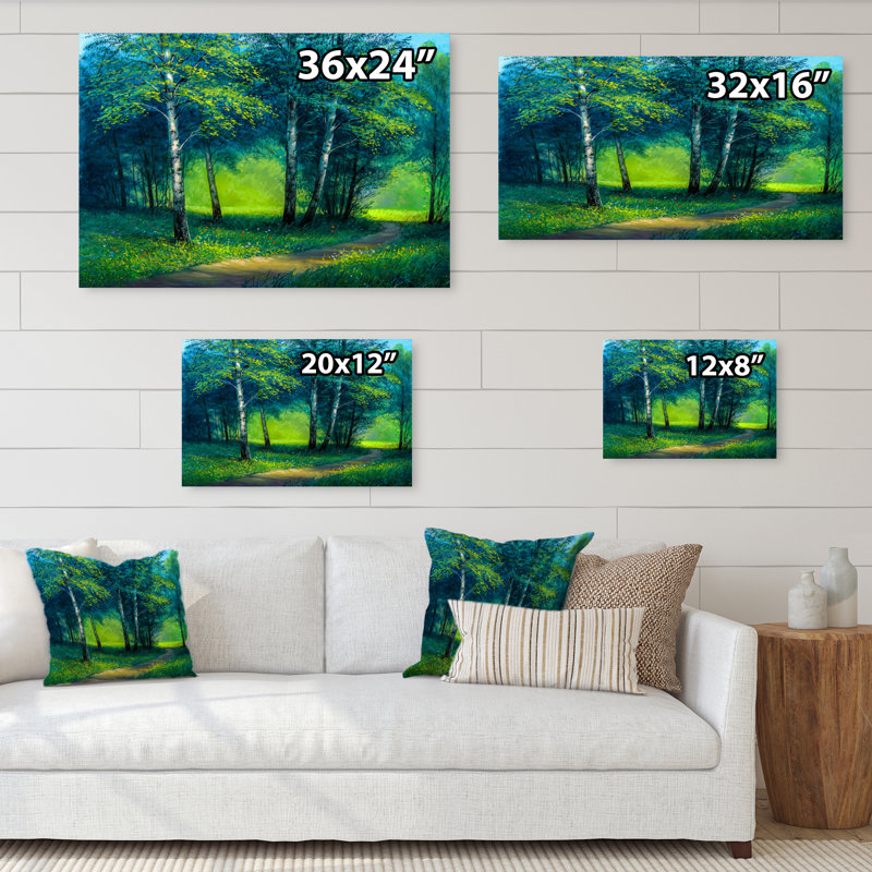 «Path Into Green Summer Birch Forest», art mural sur toile traditionnel, L 20 po x H 12 po, Toile tendue