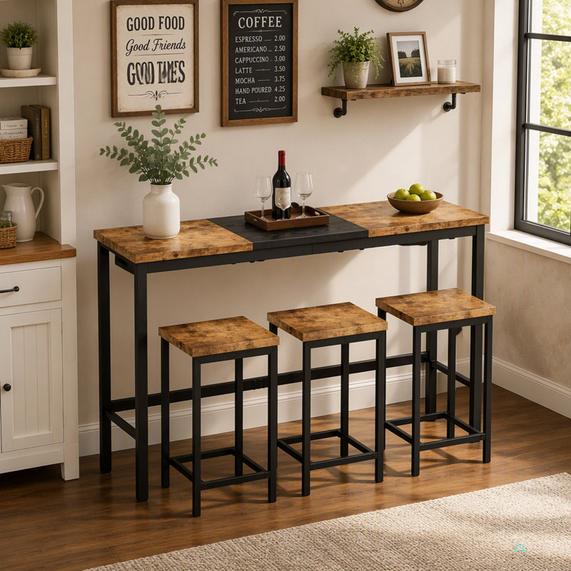 Modern Design Kitchen Dining Table, Pub Table, Long Dining Table Set With 3 Stools, Convenient Hanging Stool Design