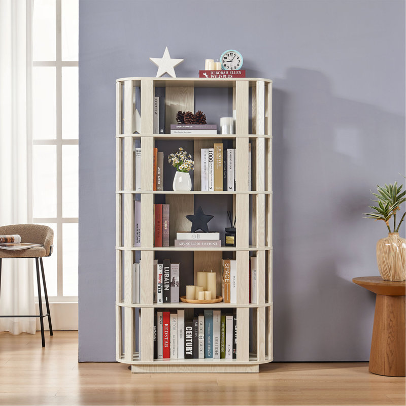Bibliothèque ovale en bois ouverte, bibliothèque autoportante à cadre en panneau de fibres à densité moyenne, support de rangement à 5 niveaux facile à assembler pour le salon, décoration de bureau à domicile