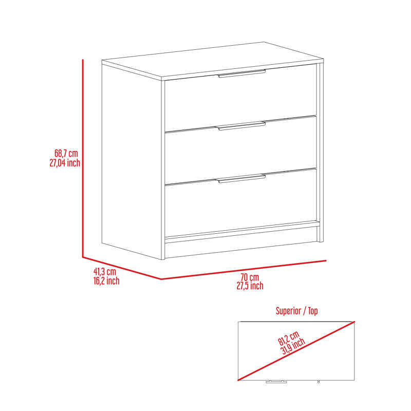 Commode compacte à trois tiroirs Kaia, option de rangement dans la chambre à coucher, Blanc / pin