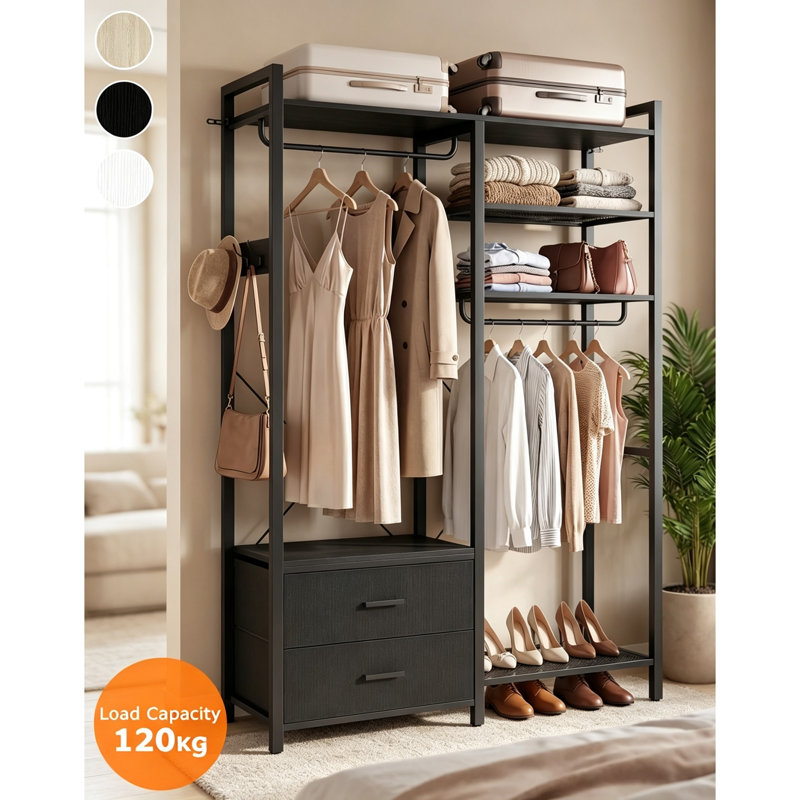 115cm Black Freestanding Open Wardrobe with 2 Drawers, Heavy Duty Garment Rack with Clothes Rail & Hooks, Reversible Closet Storage Organiser