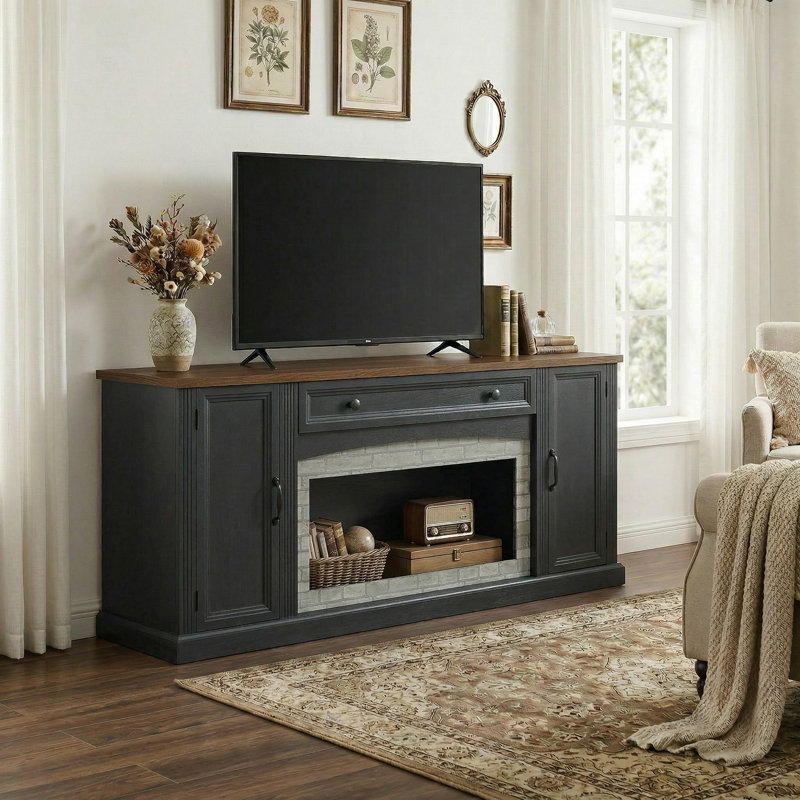 Meuble télé en noyer avec décorations en brique grise pour téléviseur de 70 po ou moins, console média avec gestion des câbles et rangement