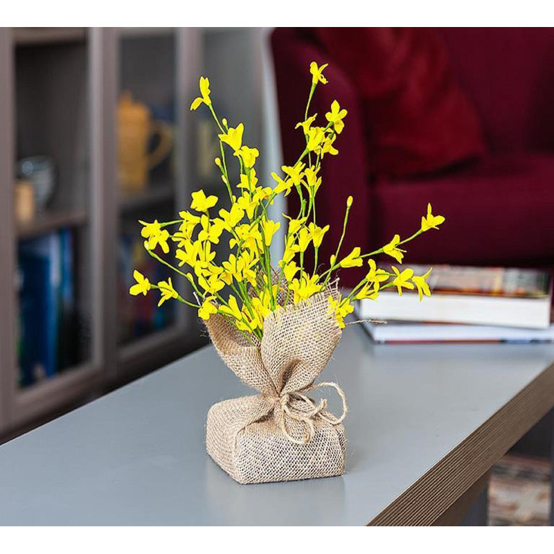 Branches de Forsythia avec fleur artificielle en toile de jute