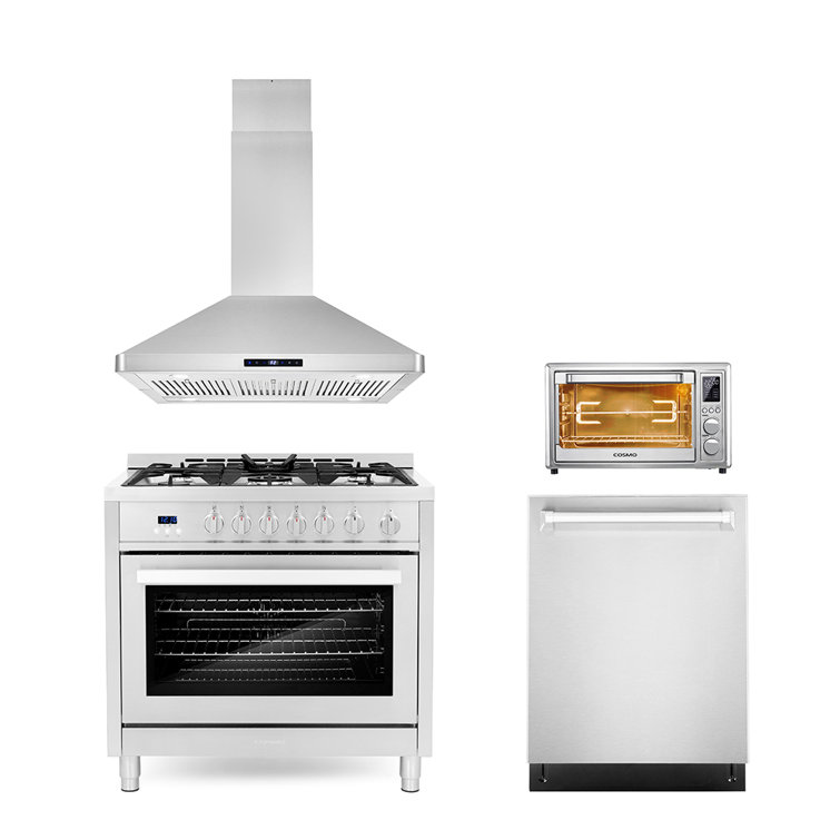 Cosmo 4 Piece Kitchen Appliance Packages with 36 Freestanding Gas Range  36 Wall Mount Range Hood 24 Built-in Integrated Dishwasher & French Door