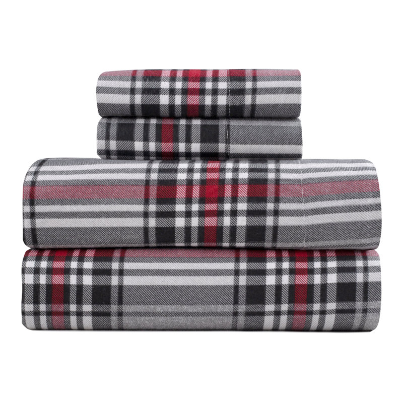 Kathy Ireland 100% Turkish Cotton Flannel Sheet Set, Twin XL Sheet Set + 1 Fitted Sheet + 1 Pillowcase, Crimson Check