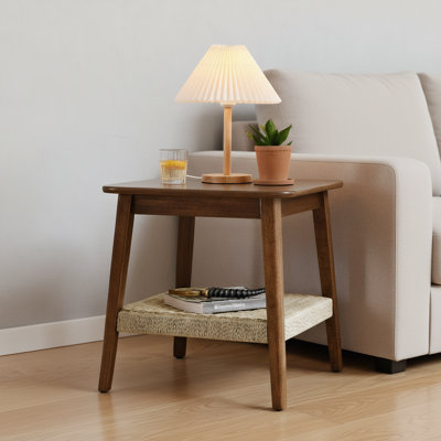 Boho 23" Mid-Century Side Table with Woven Shelf, Storage, Perfect for Living Room, Couch, Patio, Home Office, Bedside by George Oliver