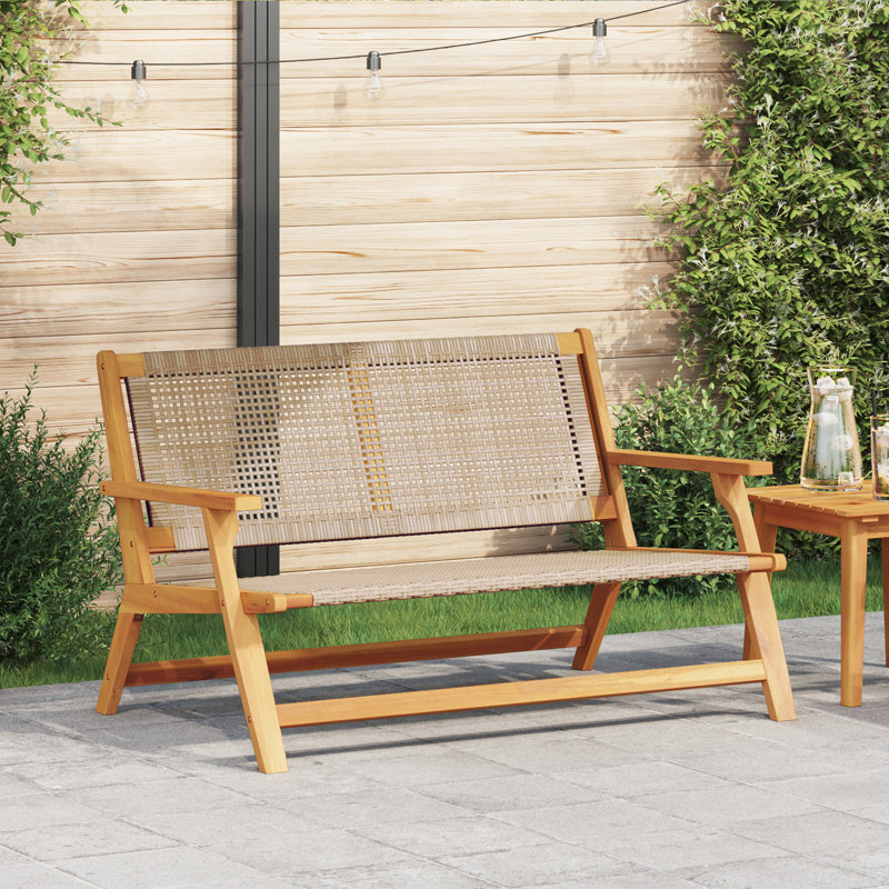 Wood And Wicker Double Durable Outdoor Bench, Beige