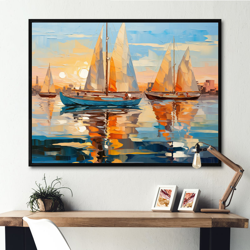 Jonkan voilier abstrait flottille I - bateau à voile, art mural, 24" H x 32" W, Cadre flottant noir