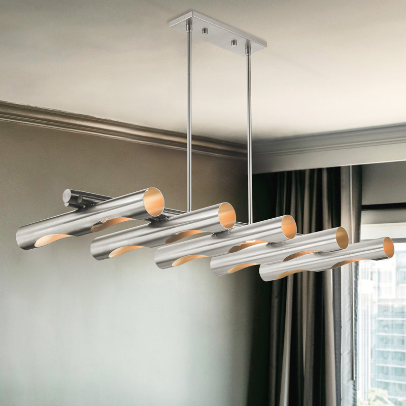 Luminaire suspendu linéaire à 10 lumières pour îlot de cuisine Barbaa, Nickel brossé