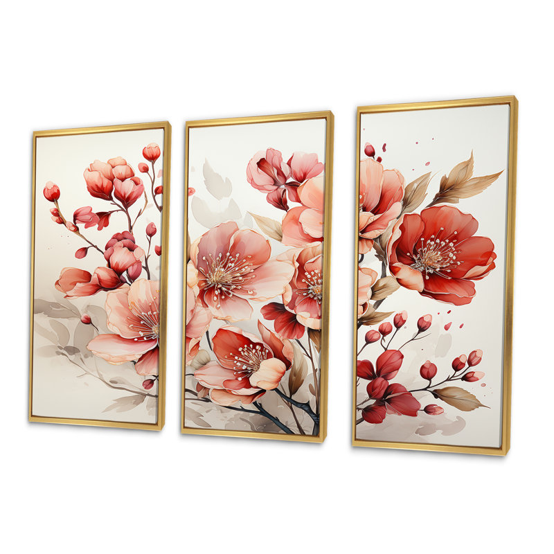 Poppies Charm In Winter Delight - ensemble d'art mural sur toile coquelicots, Cadre flottant doré, H 28 po x l 36 po x P 1 po