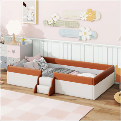 Twin Size Upholstered Daybed Frame With Fence And Stairs,  For Small Spaces And Multi-Functional Use, Brown And White