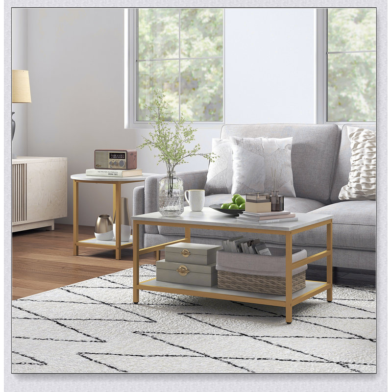 Coffee Tables Set of 2, 2-Rier Rectangle and Round Coffee Table with Storage Shelves