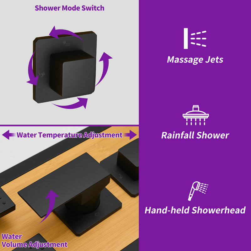 57'' Black and Bamboo Shower Panel System with Body Jets