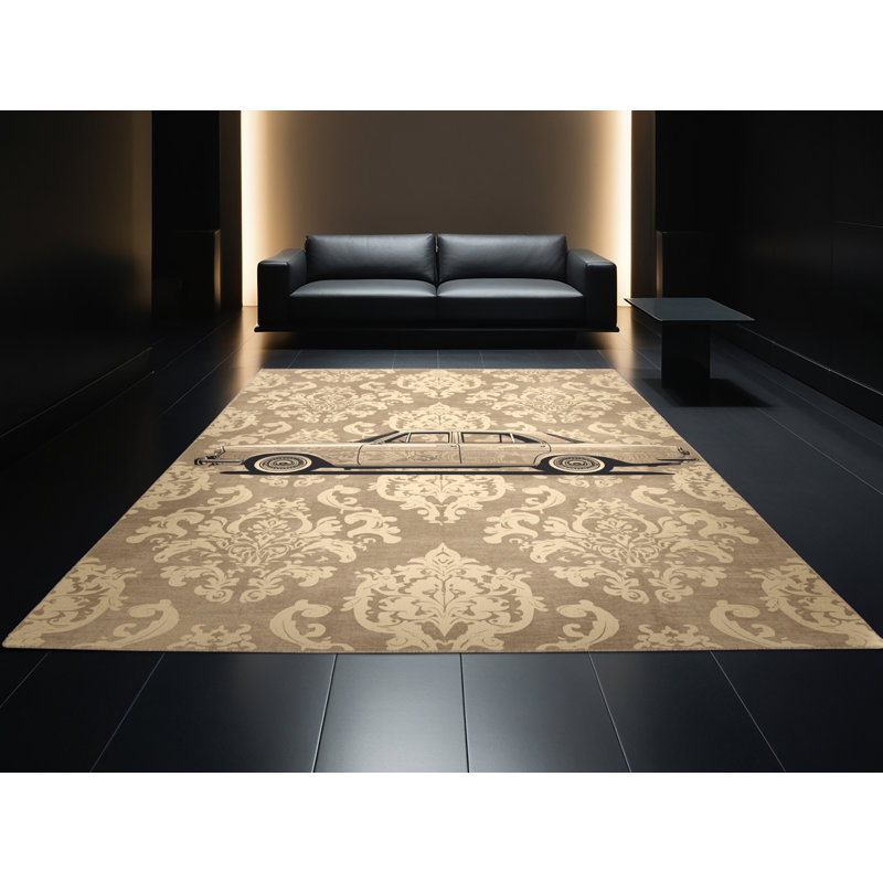 Tapis beige moelleux moelleux à motif de voiture berline rétro classique - reliure beige, 5 x 7