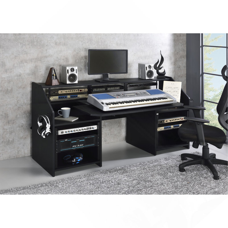 Bureau de musique noir avec support d'écouteurs
