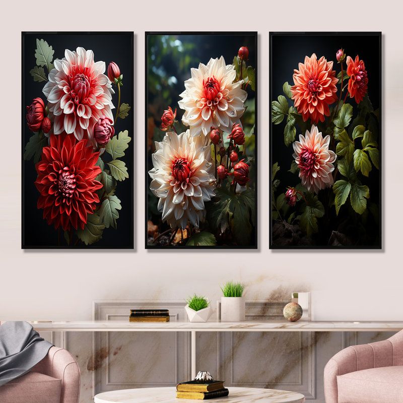 Ensemble de 3 décorations murales rouges et vertes Dahlia Bouquet Harmony I - Dahlia, Cadre flottant noir, H 28 po x l 36 po