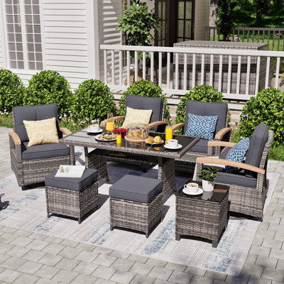 8 Pieces Patio Furniture Sets, Outdoor Rattan Furniture Conversation Sets With 2 Wood Armrests Swivel Rocker Chairs, 2 Fixed Single Chairs, 2 Ottoman And Dining Table