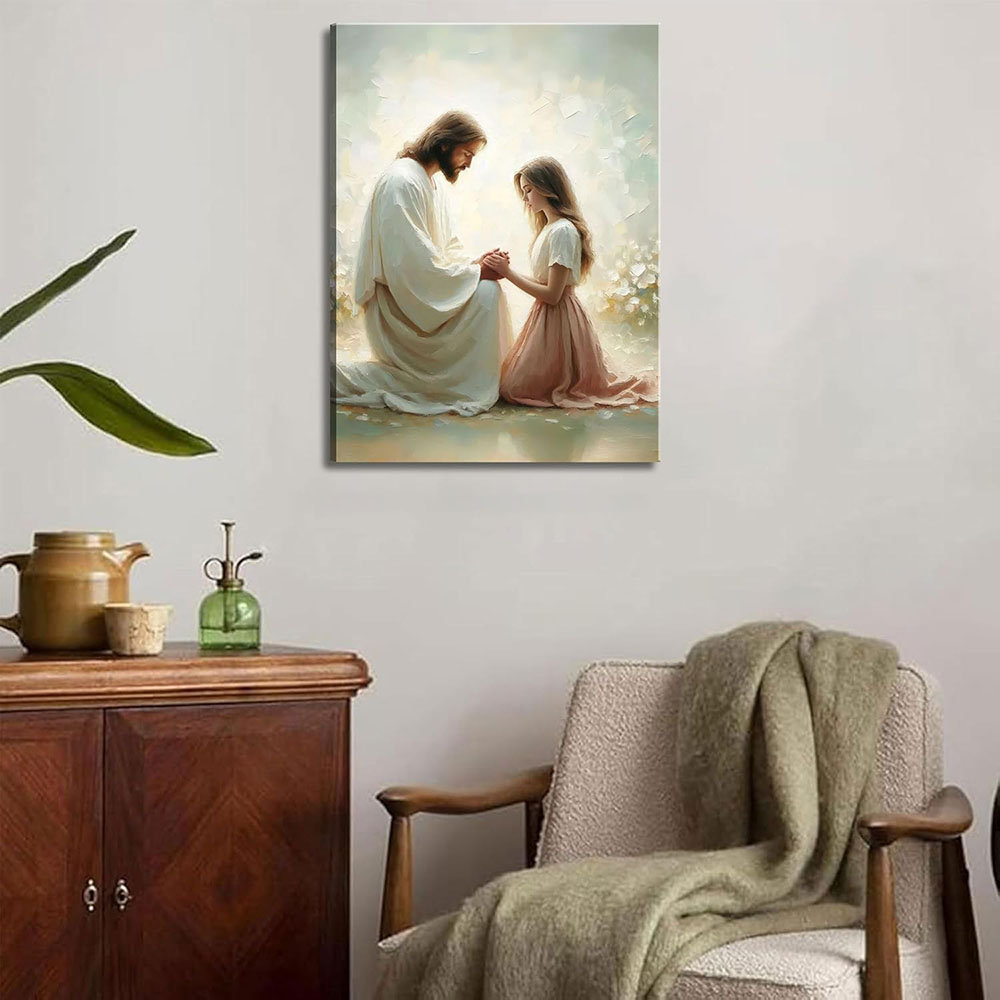 Jesus And Girl Praying Canvas Wall Art Jesus And Woman Painting Picture Wall Decor Modern Christian Poster Print Artwork For Dining Living Room Kitche