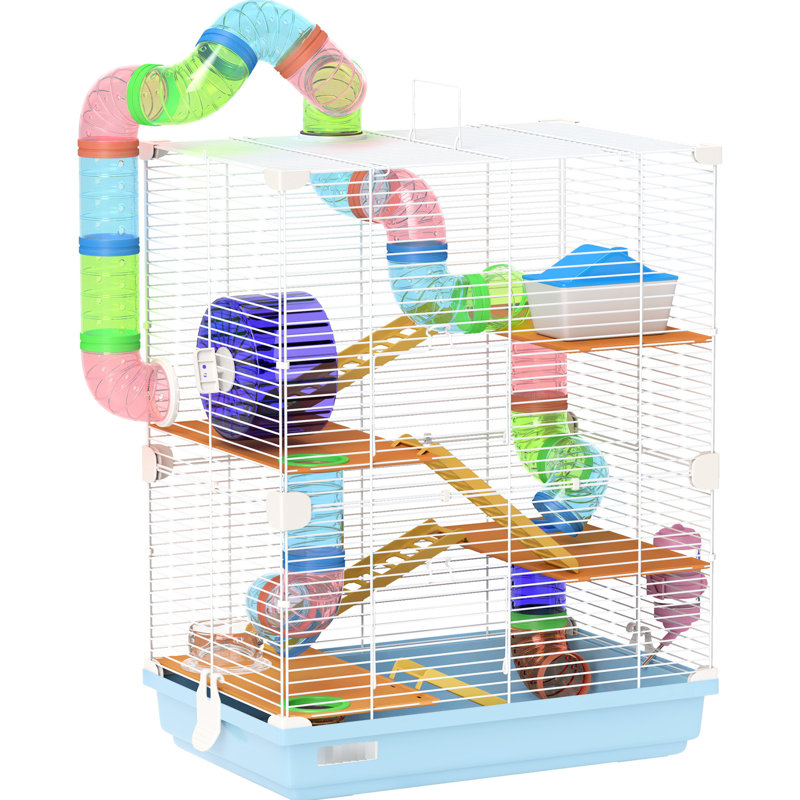 Cage à hamster bleue avec 5 tubes, tunnels, poignée portative, bouteille d'eau, plat de nourriture, roue d'exercice pour petits hamsters et poignée de 18 po - bleu, animaux vient