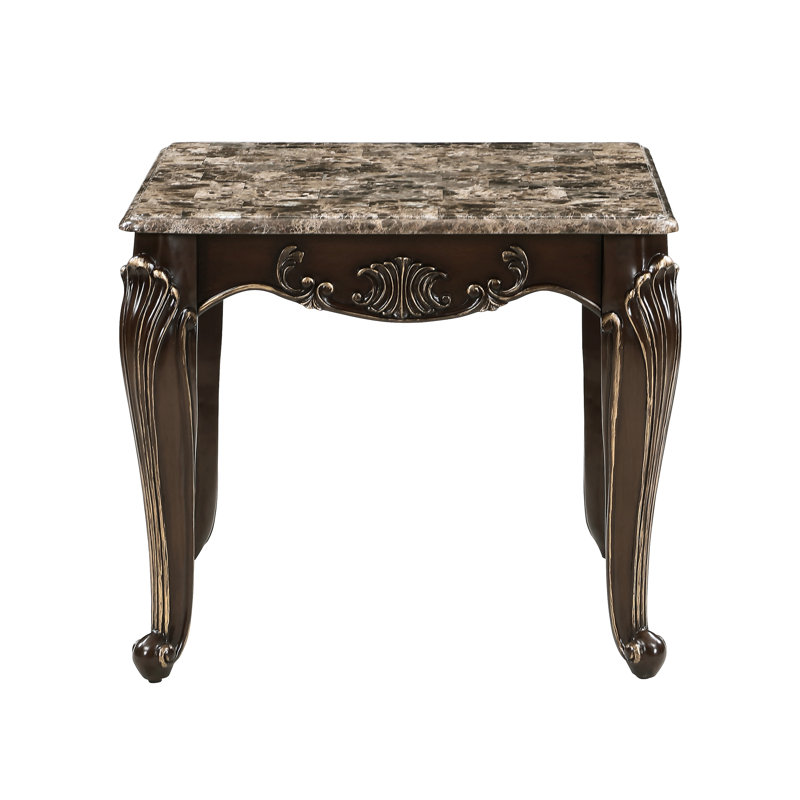 Table de bout en marbre de luxe traditionnelle formelle de 1 pièce avec finition cerisier et garniture dorée, forme rectangulaire, pied classique, détails en faux bois de style assemblage simple, requis