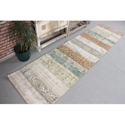 Green Vintage Turkish Runner Rug with Patchwork and Anatolian Design for Hallway Home Decor