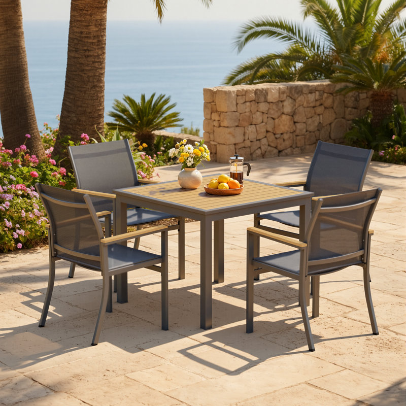 Abshire All Aluminum 5-Piece Outdoor Dining Set, 4-Person Outdoor Table and Chairs with Square HDPS Top, All-Weather Patio Dining Set for Backyard, Deck, Garden