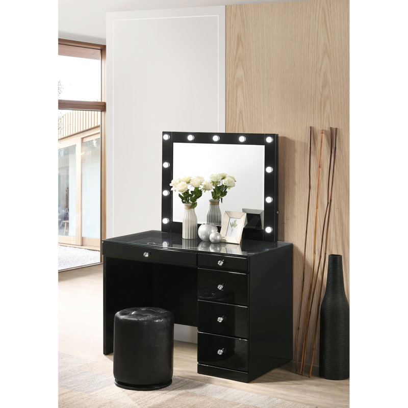 Meuble-lavabo glamour 3 pièces en noir avec miroir éclairé, 5 tiroirs décoratifs brillants et tabouret pivotant rond en cristal - Style confortable