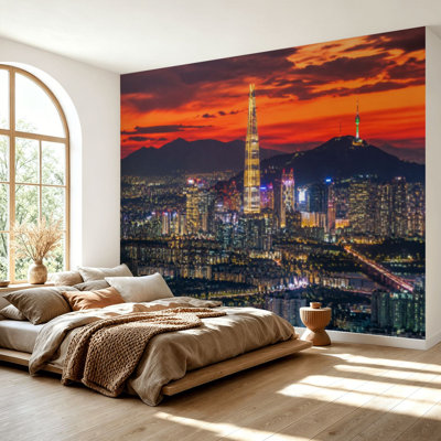 Wall Mural Peel and Stick Wallpaper South Korea skyline Seoul dusk mountain building night Self-Adhesive Removable Contact Paper Wall Decor for Living Room Bedroom 69"H x 96"W