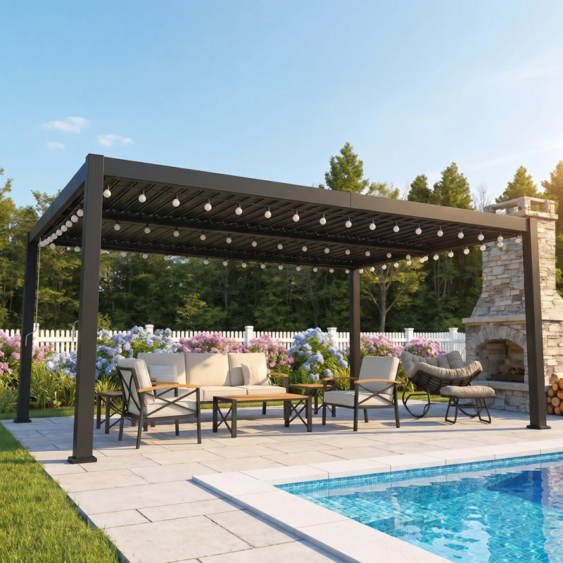 Aluminum 12' x 16' Pergolas with Adjustable Metal Louvers & Hidden Drainage, Weather Resistant Outdoor Pergola with All Aluminum Frame for Backyard, Poolside