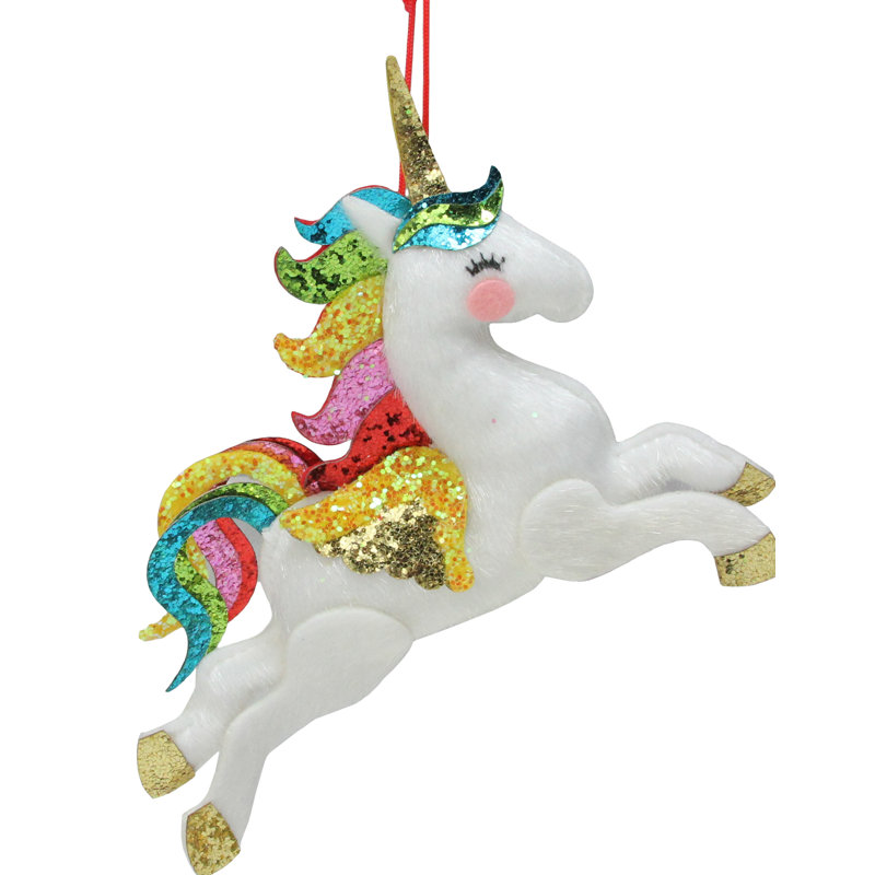 White Plush Leaping Unicorn Ornament with Rainbow Mane