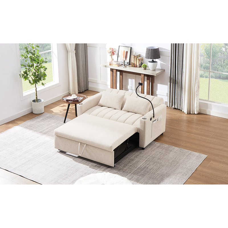 Convertible avec 3 ports, 2 sacs latéraux, porte-gobelets et support pour téléphone 360, lit de couleur beige réglable, poches et support pivotant