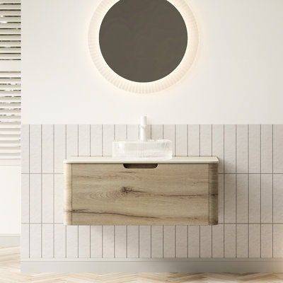 36" Bathroom Vanity, Transparent Round Basin, Pattern Sintered Stone Countertop, Floating Plywood Storage, White Oak , Soft Close Drawer System Color,